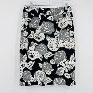Banana Republic Size 0 Black & Silver Floral Print Midi Pencil Skirt Career